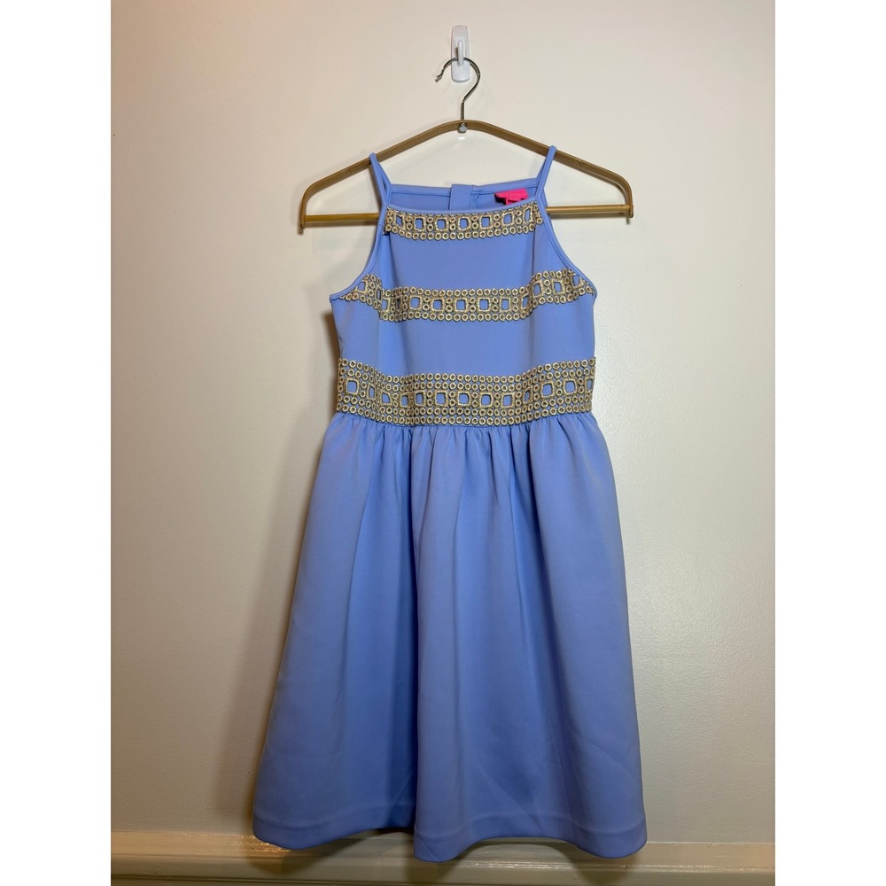 Lilly Pulitzer Girls Baylee Dress XL 12-14 Blue Gold Embroidered Party Pockets